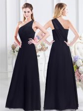 Exceptional Navy Blue Empire One Shoulder Sleeveless Chiffon Floor Length Side Zipper Ruching Dama Dress