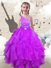 Pretty One Shoulder Sleeveless Organza Floor Length Lace Up Little Girl Pageant Gowns in Fuchsia with Beading and Ruffles