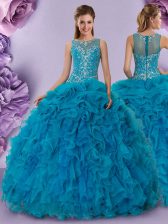 Nice Organza Scoop Sleeveless Zipper Beading and Ruffles Sweet 16 Dress in Teal