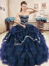  Sweetheart Sleeveless Quinceanera Gown Floor Length Beading and Ruffled Layers and Pick Ups Navy Blue and Purple Organza