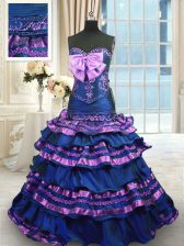 Decent Sleeveless Taffeta Brush Train Lace Up Quinceanera Dress in Navy Blue with Appliques and Ruffled Layers and Bowknot
