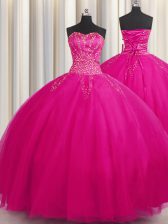 Graceful Big Puffy Sweetheart Sleeveless Lace Up Quinceanera Gown Fuchsia Tulle
