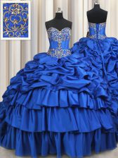 Elegant Pick Ups Ruffled Royal Blue Sleeveless Taffeta Brush Train Lace Up 15 Quinceanera Dress for Military Ball and Sweet 16 and Quinceanera