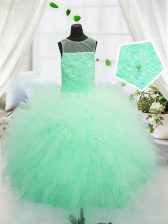  Scoop Apple Green Sleeveless Floor Length Beading and Appliques Zipper Little Girls Pageant Dress