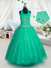  Halter Top Green A-line Appliques Little Girls Pageant Gowns Lace Up Tulle Sleeveless Floor Length