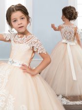 Fancy Scoop White Short Sleeves With Train Appliques and Sashes ribbons Zipper Kids Formal Wear