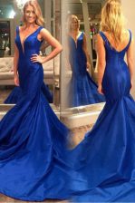  Mermaid Royal Blue Prom Evening Gown Prom with Pleated V-neck Sleeveless Court Train Zipper
