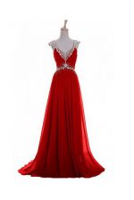 Comfortable Sleeveless Beading and Belt Zipper Evening Dress with Red Brush Train