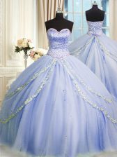 Enchanting Sweetheart Sleeveless Quinceanera Gowns With Brush Train Beading and Appliques Lavender Tulle