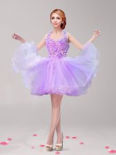 Sexy Halter Top Lavender Sleeveless Mini Length Ruffles and Hand Made Flower Backless Dress for Prom