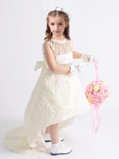  White Fabric With Rolling Flowers Zipper Scoop Sleeveless High Low Flower Girl Dresses Beading and Bowknot