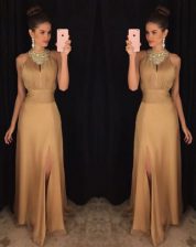 Noble Floor Length Gold Scoop Sleeveless Zipper