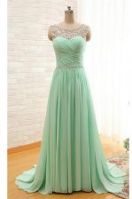 Discount Scoop Apple Green Zipper Prom Gown Beading and Ruching Sleeveless With Brush Train