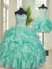 Designer Three Piece Floor Length Apple Green Quinceanera Gown Organza Sleeveless Beading and Ruffles
