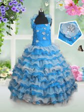  Baby Blue Organza Lace Up Straps Sleeveless Floor Length Pageant Gowns For Girls Beading and Appliques and Ruffled Layers