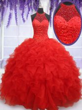  Red Halter Top Lace Up Beading and Ruffles 15th Birthday Dress Sleeveless