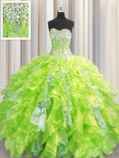High Class Visible Boning Yellow Green Ball Gowns Organza and Sequined Sweetheart Sleeveless Beading and Ruffles and Sequins Floor Length Lace Up Ball Gown Prom Dress