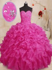  Beading and Ruffles Quinceanera Gown Hot Pink Lace Up Sleeveless Floor Length