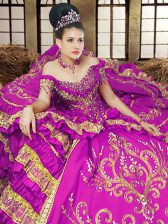 Shining Off the Shoulder Floor Length Lace Up Ball Gown Prom Dress Purple for Military Ball and Sweet 16 and Quinceanera with Embroidery