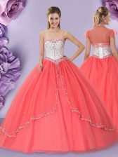  Sweetheart Sleeveless Lace Up Quinceanera Gowns Watermelon Red Tulle