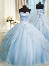  Baby Blue Lace Up Sweetheart Beading and Appliques Quince Ball Gowns Organza Sleeveless Court Train