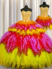 Sweet Three Piece Visible Boning Sweetheart Sleeveless Quinceanera Dress Floor Length Beading Multi-color Tulle