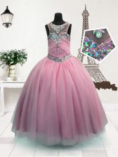  Scoop Sleeveless Little Girl Pageant Dress Floor Length Beading Pink Organza