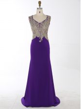  Mermaid With Train Purple Prom Dress Chiffon Brush Train Sleeveless Beading and Appliques