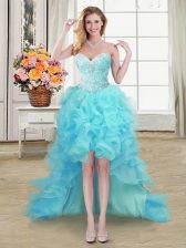  Beading and Ruffles Prom Dress Aqua Blue Lace Up Sleeveless High Low