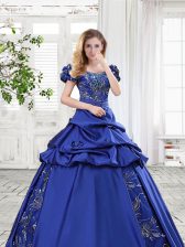 Eye-catching Off the Shoulder Cap Sleeves Floor Length Appliques and Pick Ups and Bowknot Lace Up Quinceanera Dress with Royal Blue