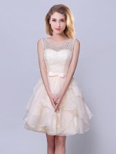  Mini Length Champagne Vestidos de Damas Scoop Sleeveless Lace Up