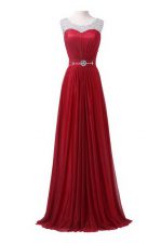  Wine Red Scoop Neckline Beading and Ruching Evening Dress Sleeveless Zipper