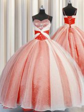 Glorious Coral Red Quinceanera Dresses Military Ball and Sweet 16 and Quinceanera with Beading and Sequins and Ruching Spaghetti Straps Sleeveless Lace Up