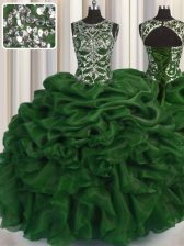  Scoop See Through Organza Sleeveless Floor Length Ball Gown Prom Dress and Beading and Pick Ups