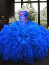 Dramatic Embroidery and Ruffles Vestidos de Quinceanera Royal Blue Lace Up Sleeveless Floor Length