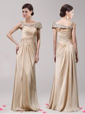  Sleeveless Elastic Woven Satin Floor Length Side Zipper Prom Evening Gown in Champagne with Beading