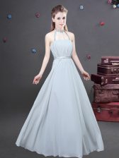 Best Selling Grey Empire Chiffon Halter Top Sleeveless Ruching Floor Length Zipper Dama Dress for Quinceanera