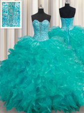  Floor Length Lace Up 15th Birthday Dress Turquoise for Military Ball and Sweet 16 and Quinceanera with Beading and Ruffles