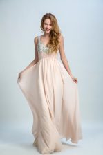 Champagne Column/Sheath Chiffon Straps Sleeveless Beading Floor Length Zipper Homecoming Dress Brush Train