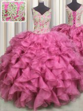 Modest V Neck Sleeveless Floor Length Beading and Ruffles Lace Up Sweet 16 Quinceanera Dress with Rose Pink