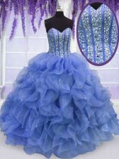  Blue Lace Up Sweetheart Beading and Ruffles Quinceanera Dresses Organza Sleeveless