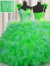 Delicate Handcrafted Flower One Shoulder Sleeveless Quince Ball Gowns Floor Length Beading and Ruffles and Hand Made Flower Multi-color Tulle