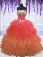  Floor Length Lace Up Quinceanera Gown Multi-color for Military Ball and Sweet 16 and Quinceanera with Beading and Ruffled Layers and Pick Ups