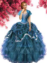 Noble Sleeveless Floor Length Beading and Ruffles and Pick Ups Lace Up Quinceanera Dress with Teal