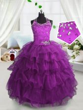  Scoop Floor Length Fuchsia Little Girl Pageant Dress Organza Sleeveless Beading and Ruffled Layers