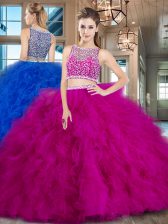  Beading and Ruffles Quince Ball Gowns Fuchsia Side Zipper Sleeveless With Brush Train