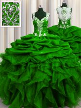 Fashionable See Through Back Organza Sleeveless Floor Length Sweet 16 Dresses and Beading and Ruffles and Sequins and Pick Ups