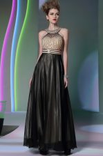  Halter Top Sleeveless Chiffon Floor Length Side Zipper Dress for Prom in Black with Beading