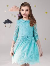 Trendy Scoop Aqua Blue 3 4 Length Sleeve Mini Length Lace and Sashes ribbons Zipper Flower Girl Dresses