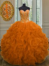 Cute Orange Red Organza Lace Up Quince Ball Gowns Sleeveless Floor Length Beading and Ruffles